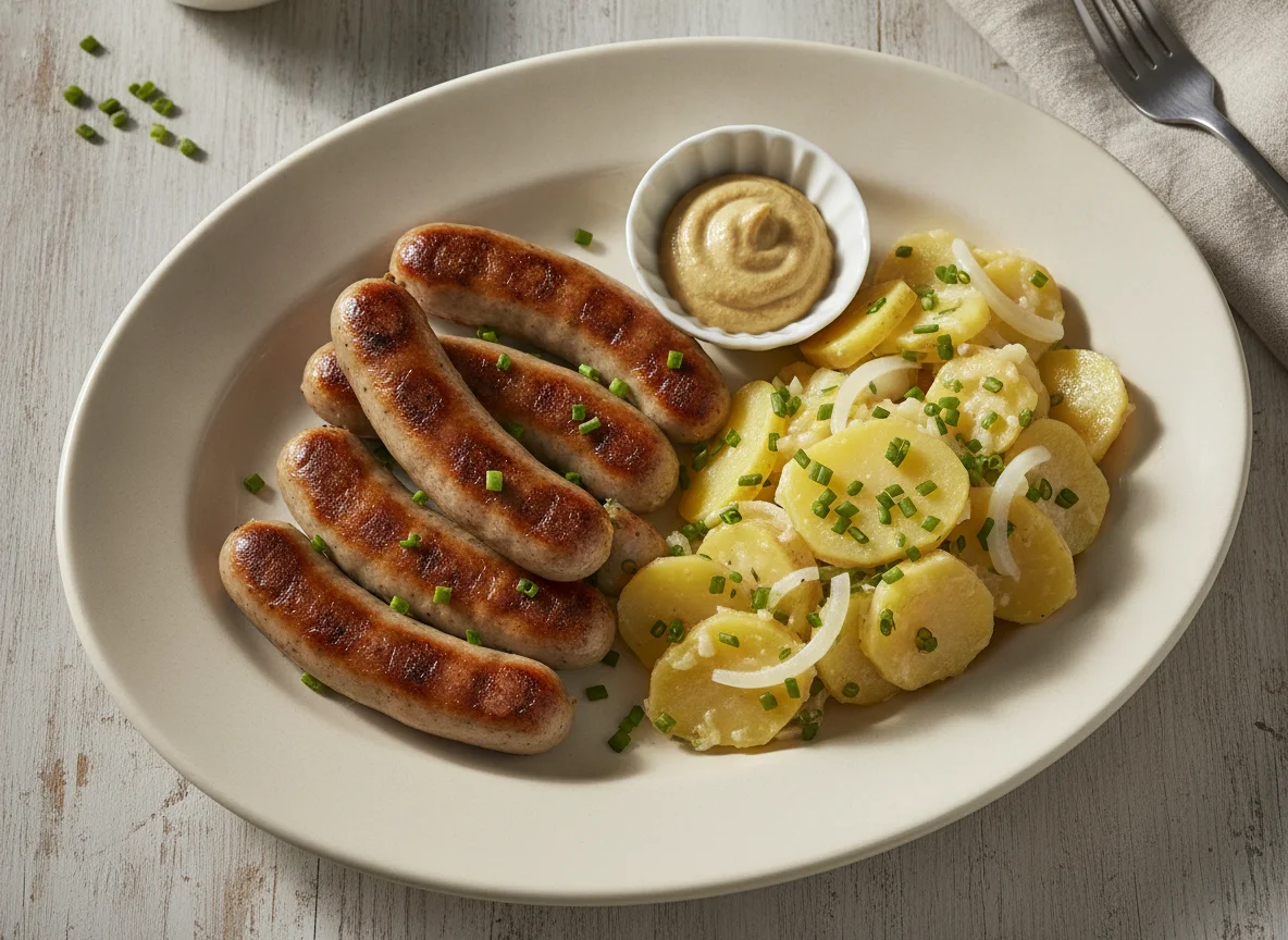 Nürnberger Rostbratwürste mit Kartoffelsalat und Senf photo