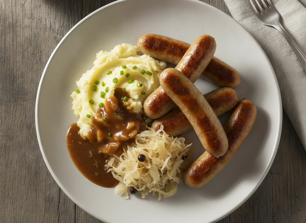 Nürnberger Rostbratwürste mit Kartoffelstampf und Sauerkraut photo