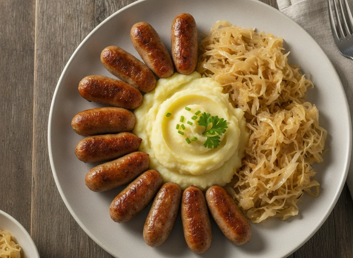 Nürnberger Rostbratwürste mit Sauerkraut und Kartoffelstampf photo