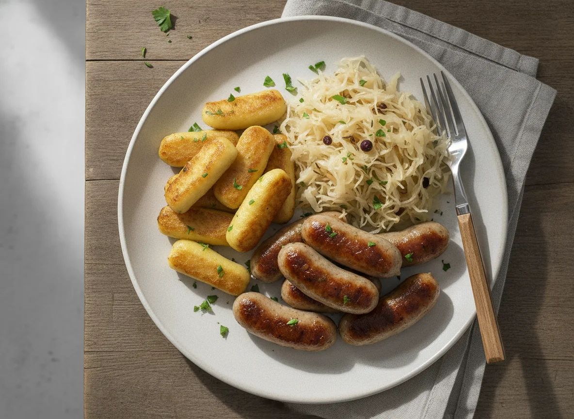 Nürnberger Rostbratwürste mit Sauerkraut und Schupfnudeln photo