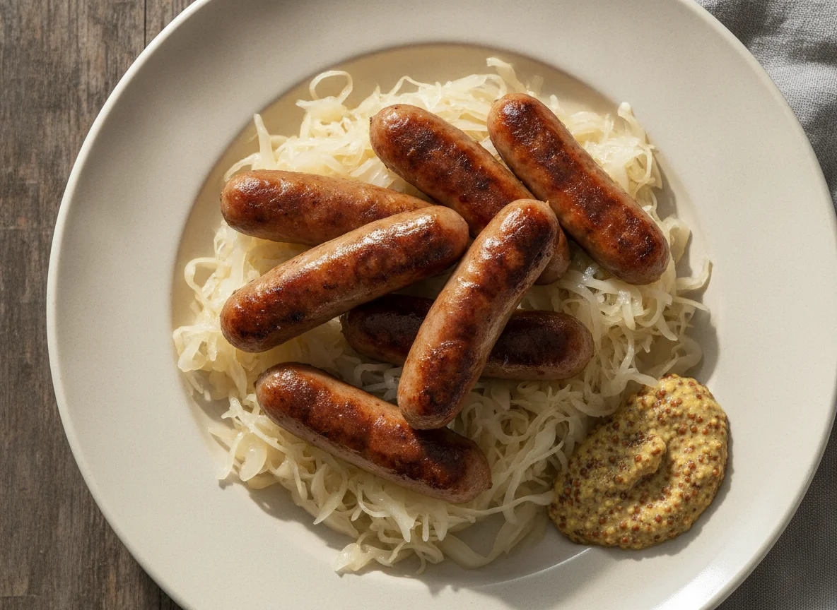 Nürnberger Rostbratwürste mit Sauerkraut und Senf photo