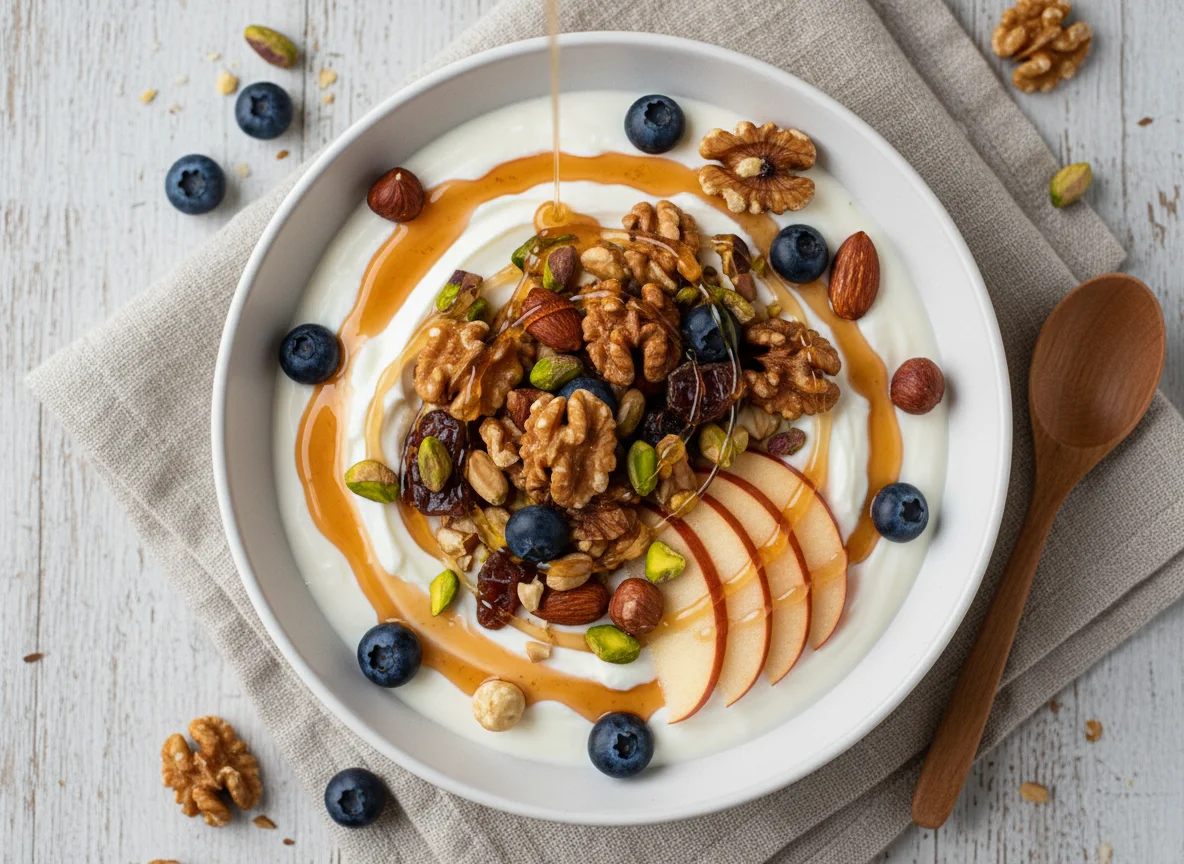 Nuss-Frucht-Joghurt-Schale mit Sirup photo