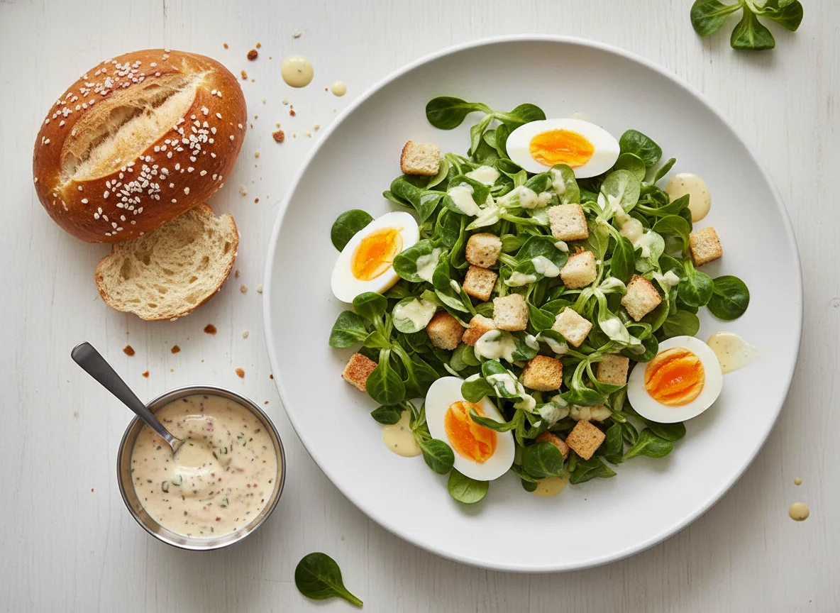 Nüsslisalat mit Hausdressing und Laugenbrötchen photo