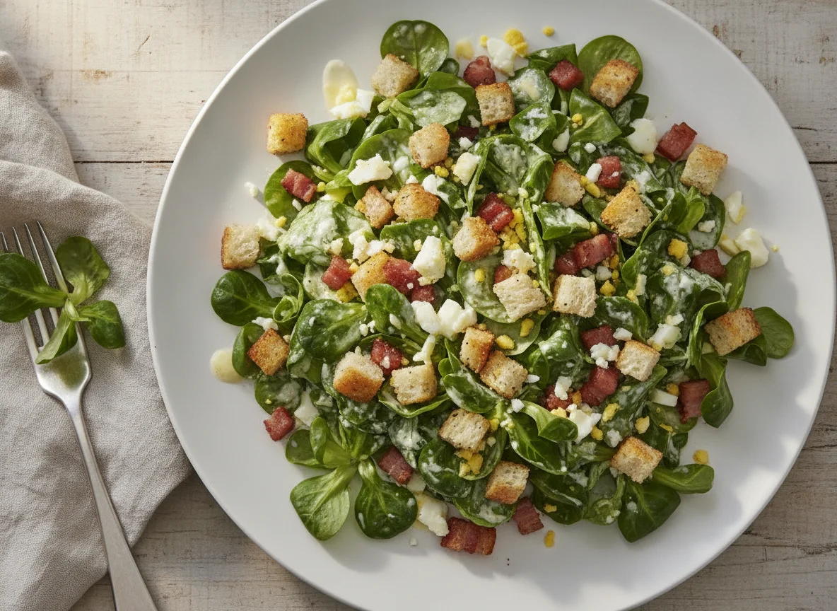 Nüsslisalat mit Speck und Croutons photo