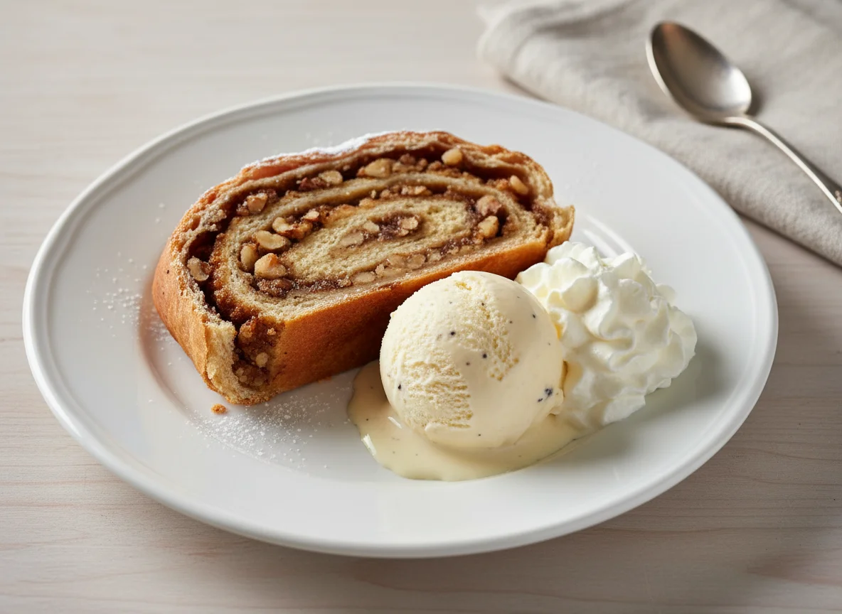 Nussstrudel mit Vanilleeis und Schlagrahm photo