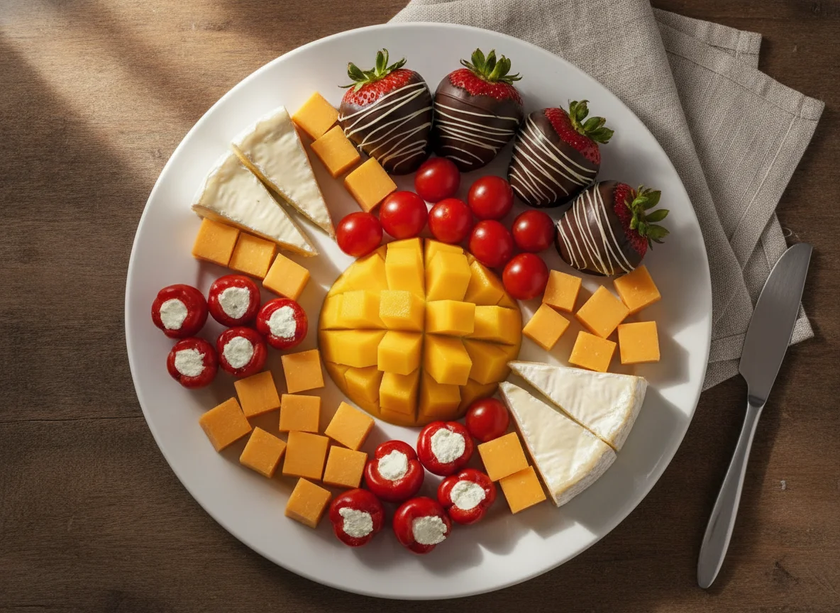 Obst- und Käseplatte mit Schokoladenfrüchten photo