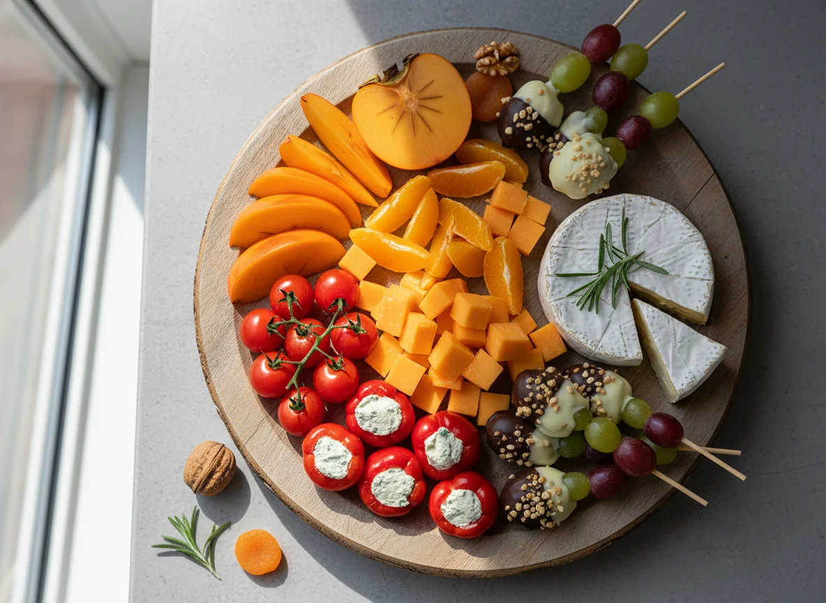 Obst- und Käseplatte mit Schokoladenspießen photo