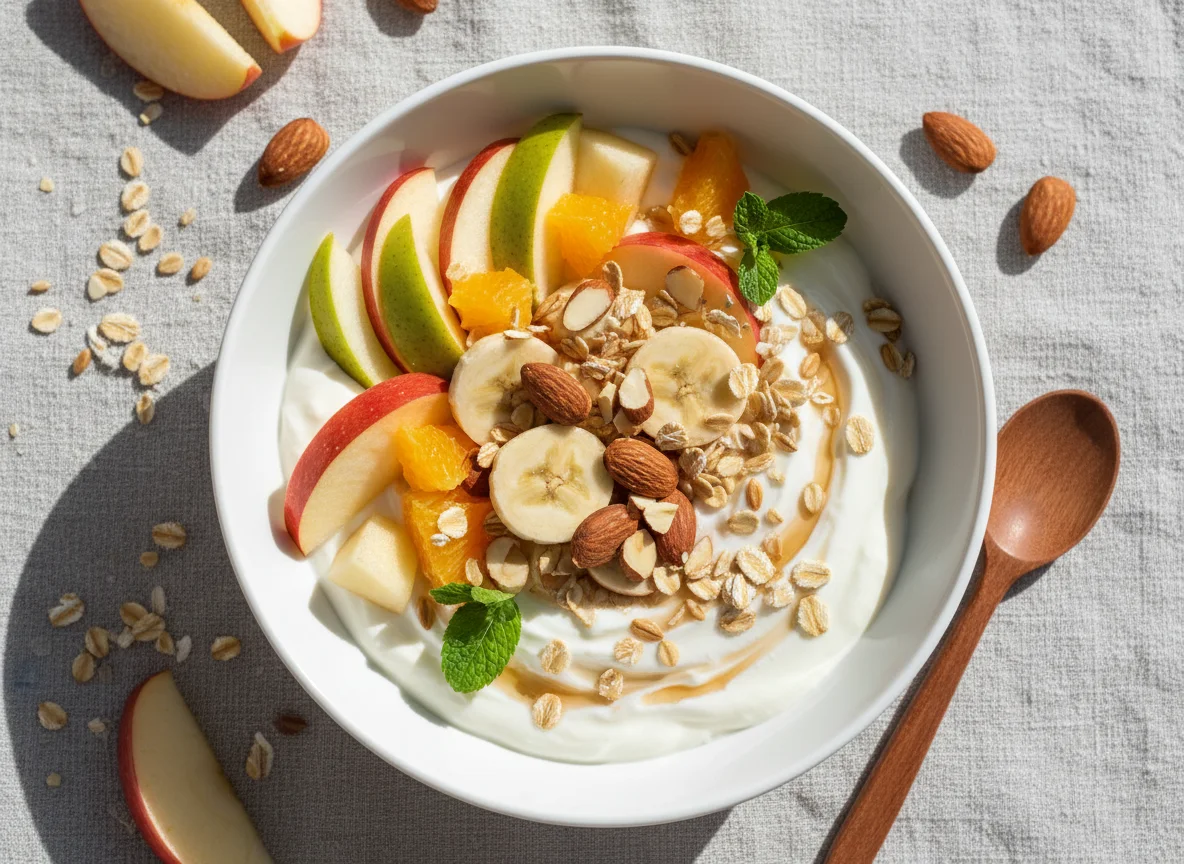 Obst-Joghurt-Müsli mit Mandeln photo