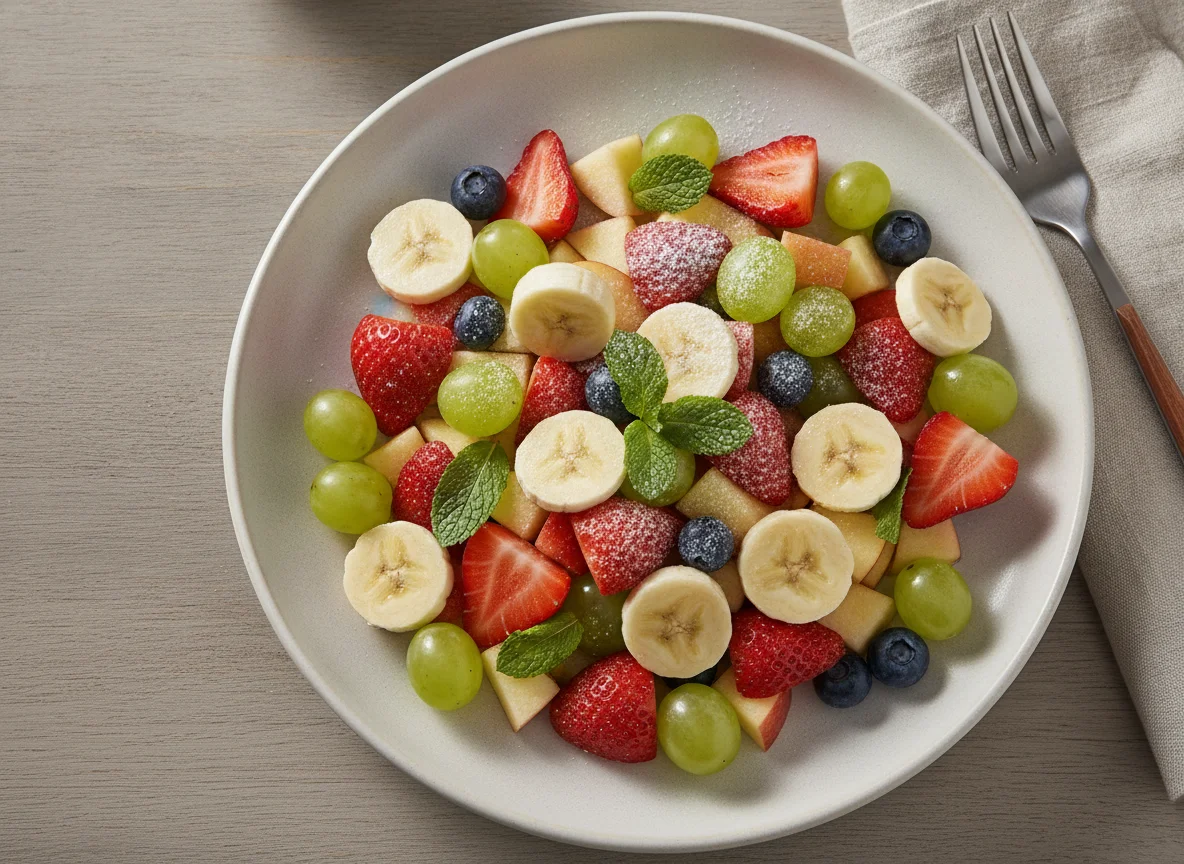 Obstsalat mit Bananen, Erdbeeren und Weintrauben photo