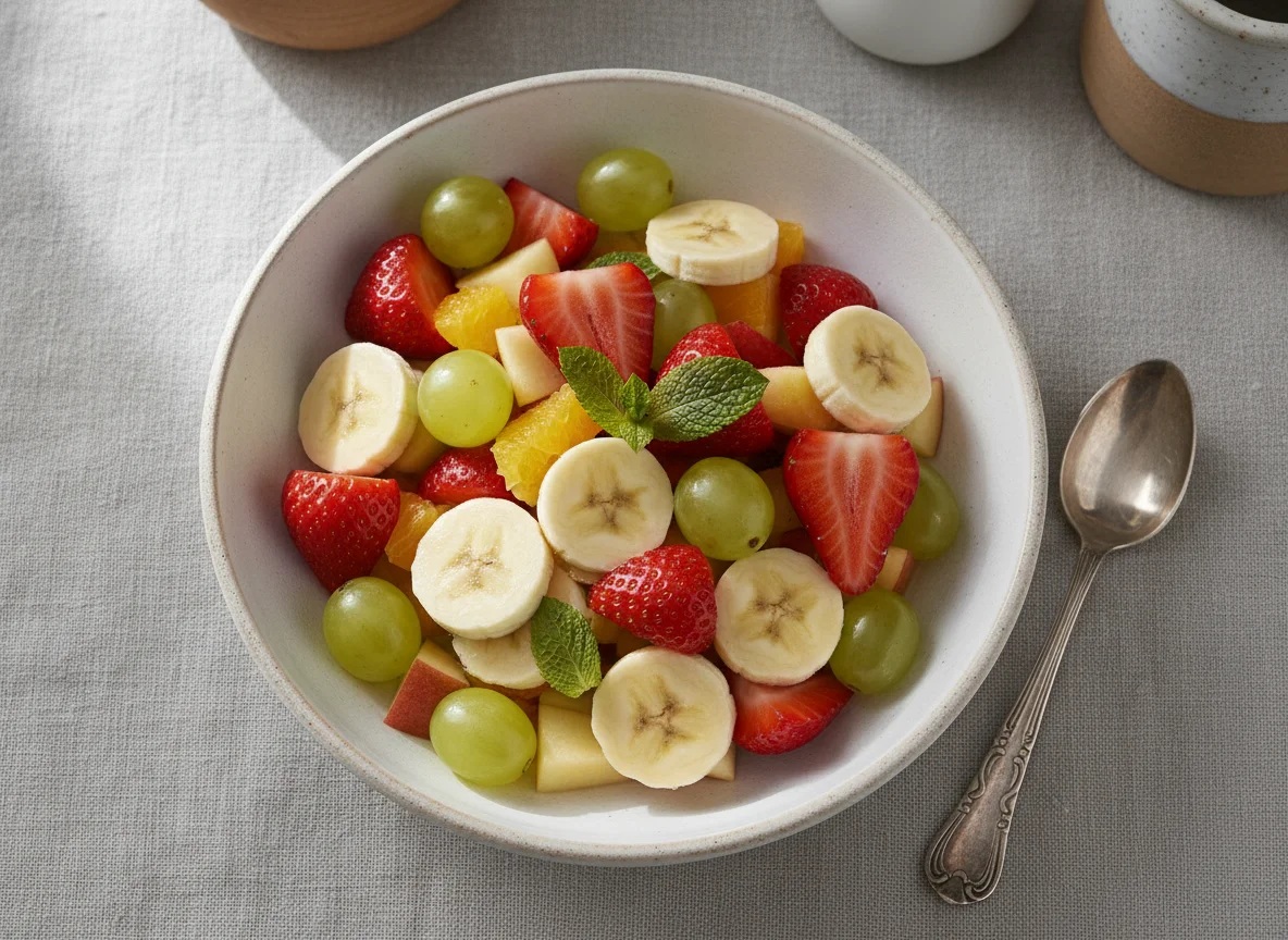 Obstsalat mit Erdbeeren, Bananen und Weintrauben photo