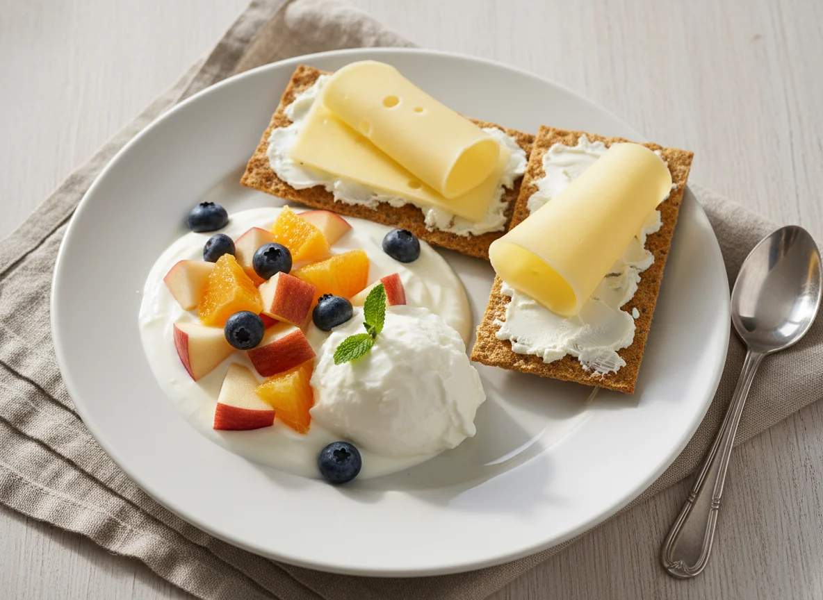 Obstsalat mit griechischem Joghurt und Knäckebrot mit Käse photo