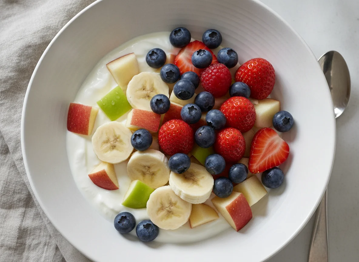 Obstsalat mit Joghurt und Beeren photo