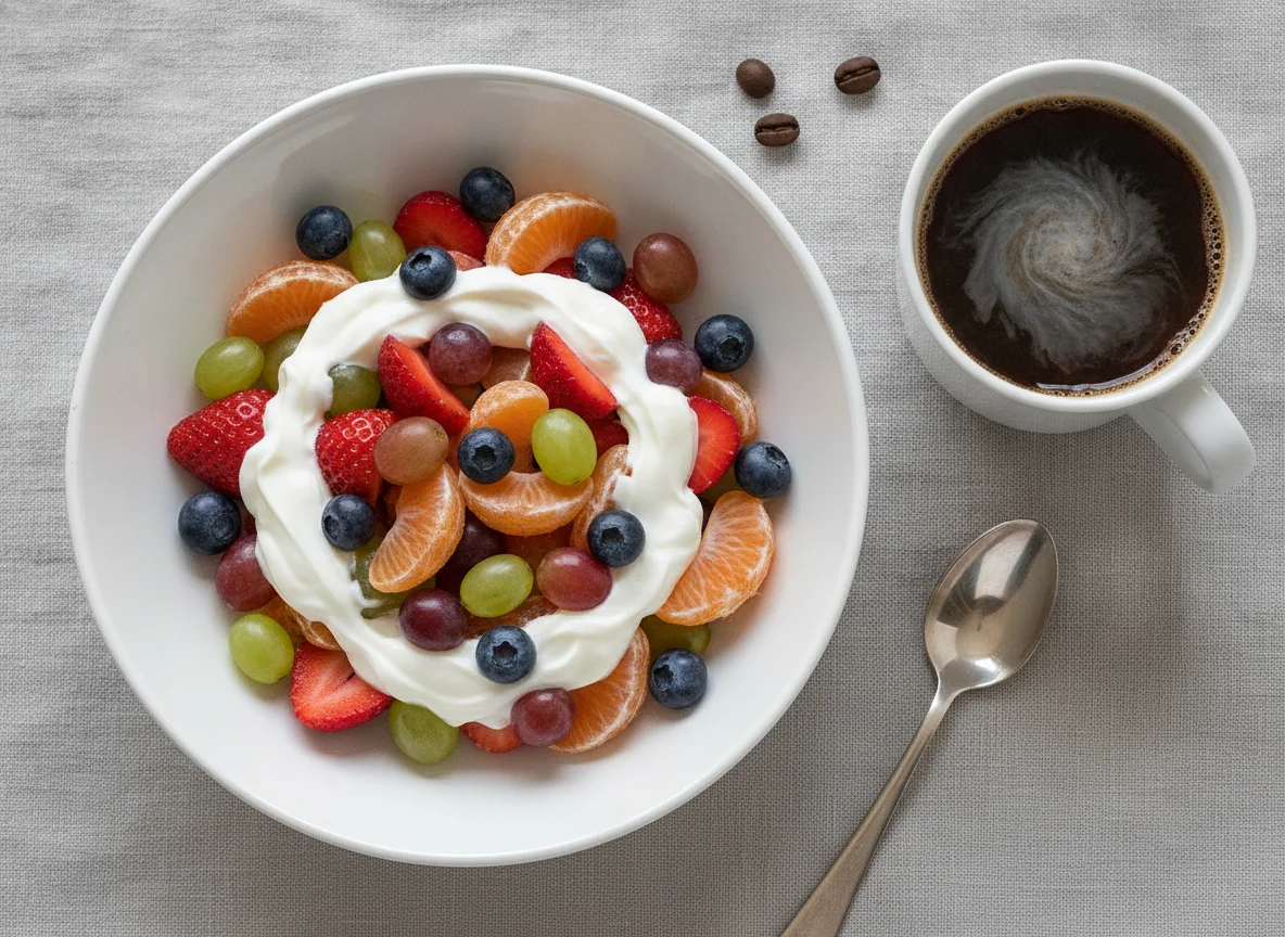 Obstsalat mit Joghurt und Kaffee photo