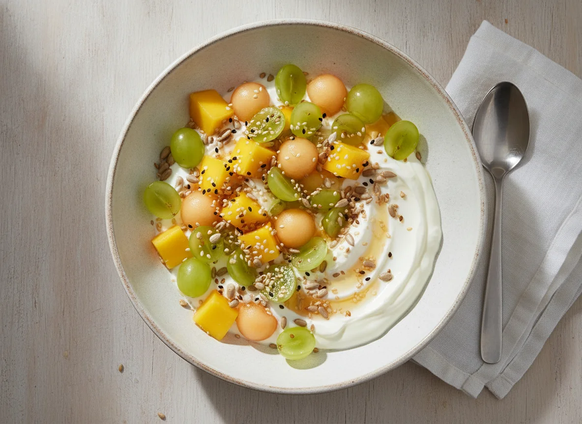 Obstsalat mit Joghurt und Kernen photo