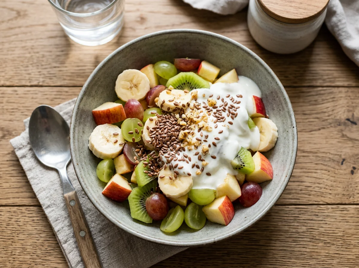 Obstsalat mit Joghurt und Leinsamen photo