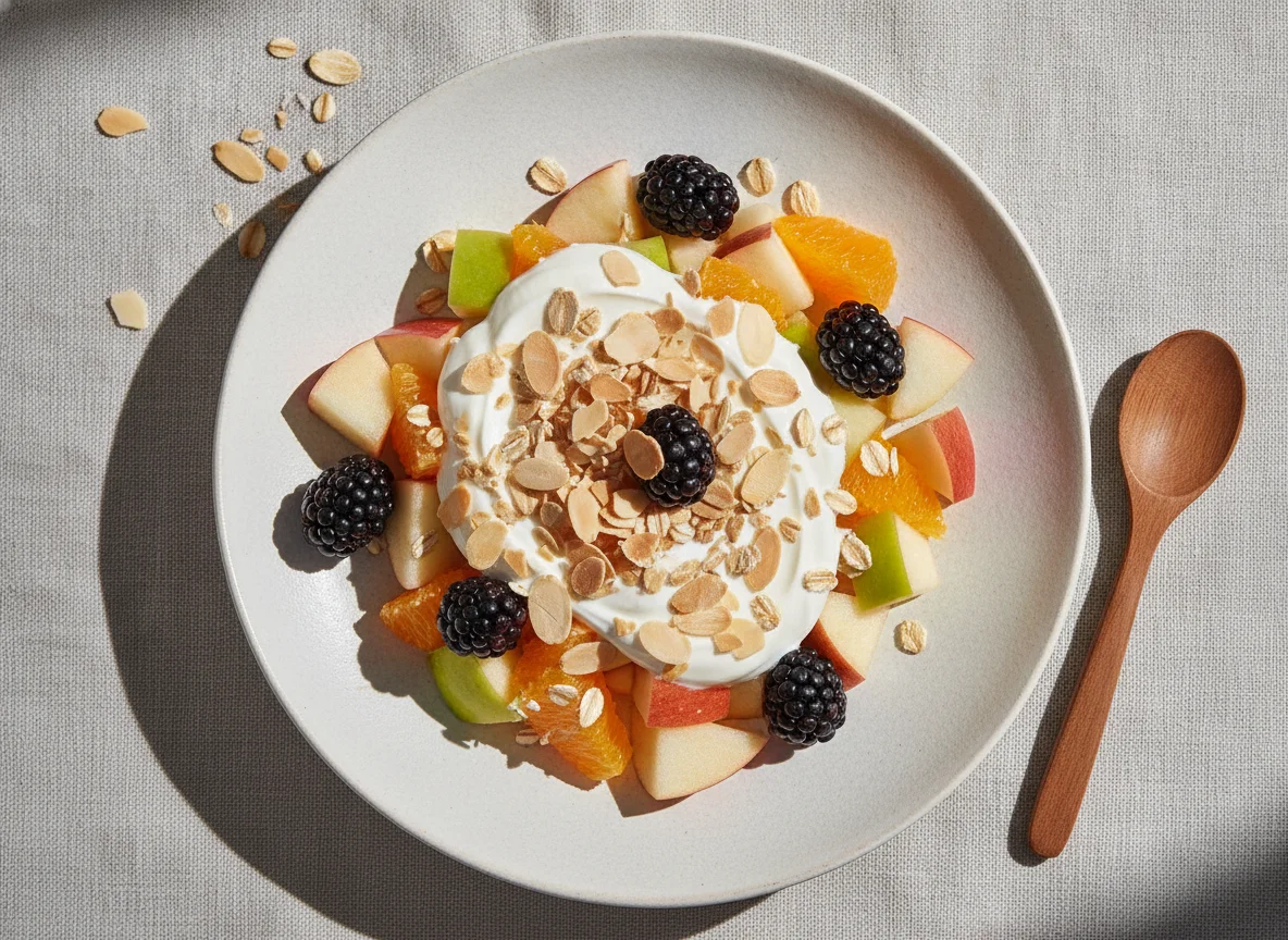 Obstsalat mit Joghurt und Mandeln photo