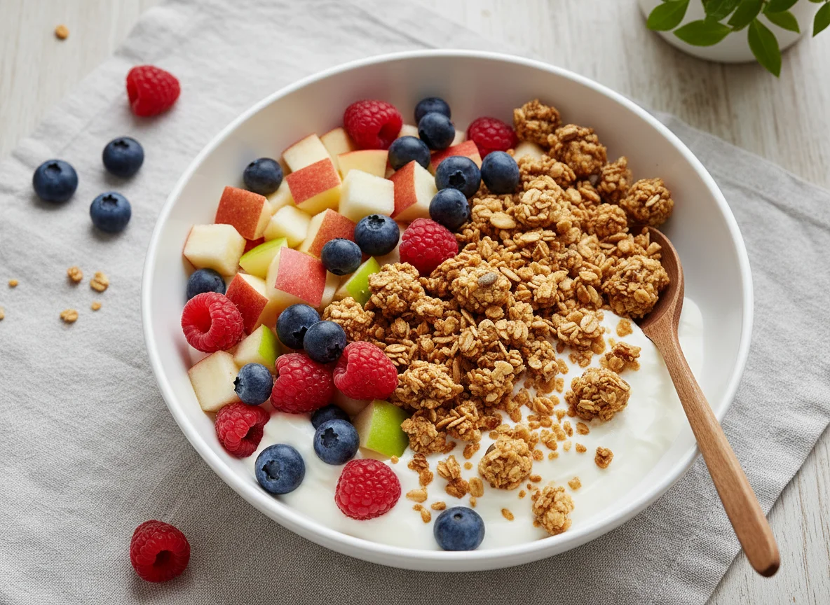 Obstsalat mit Joghurt und Müsli photo