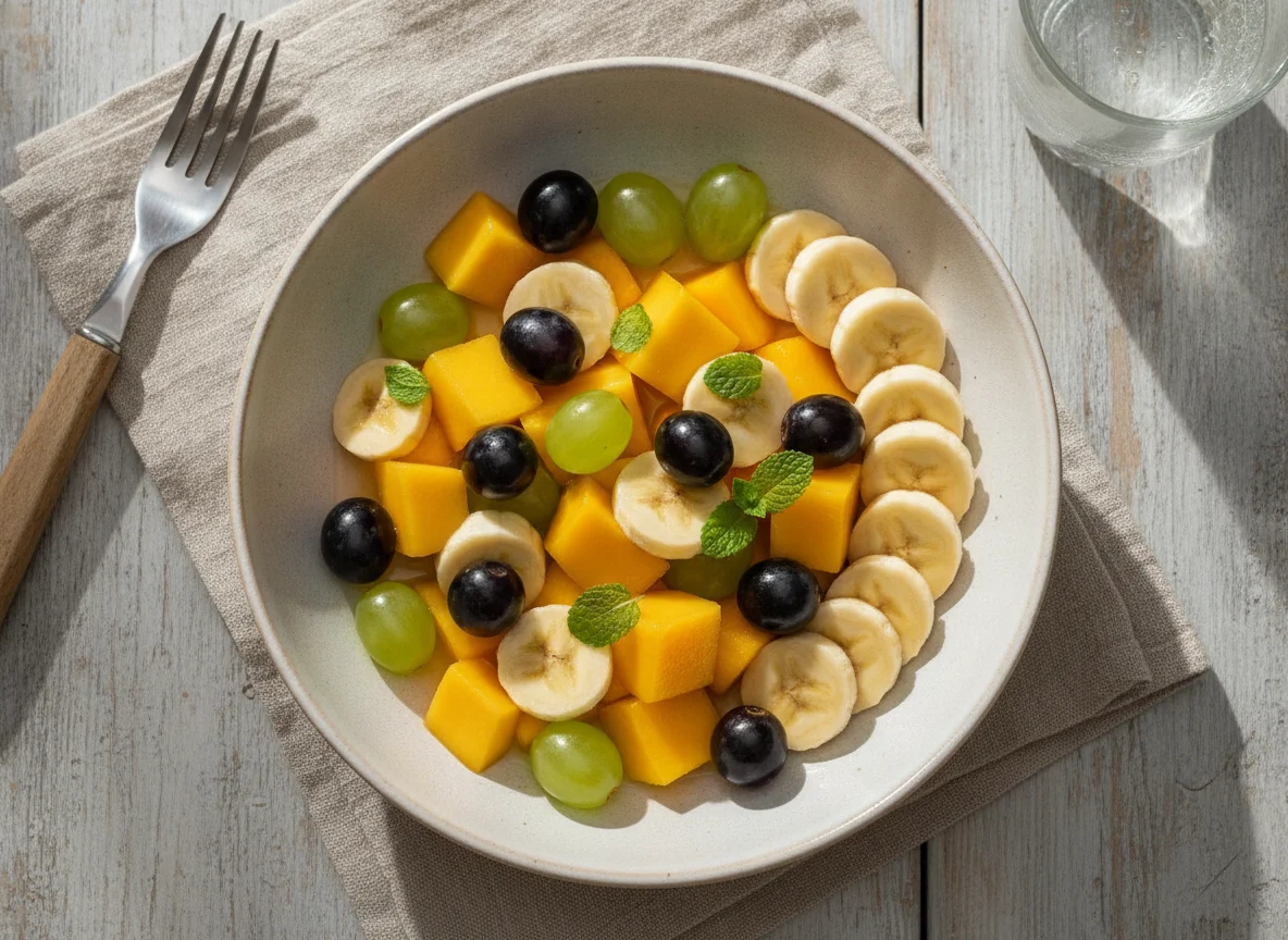 Obstsalat mit Mango, Banane und Weintrauben photo