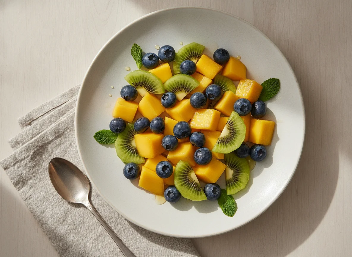 Obstsalat mit Mango, Kiwi und Blaubeeren photo
