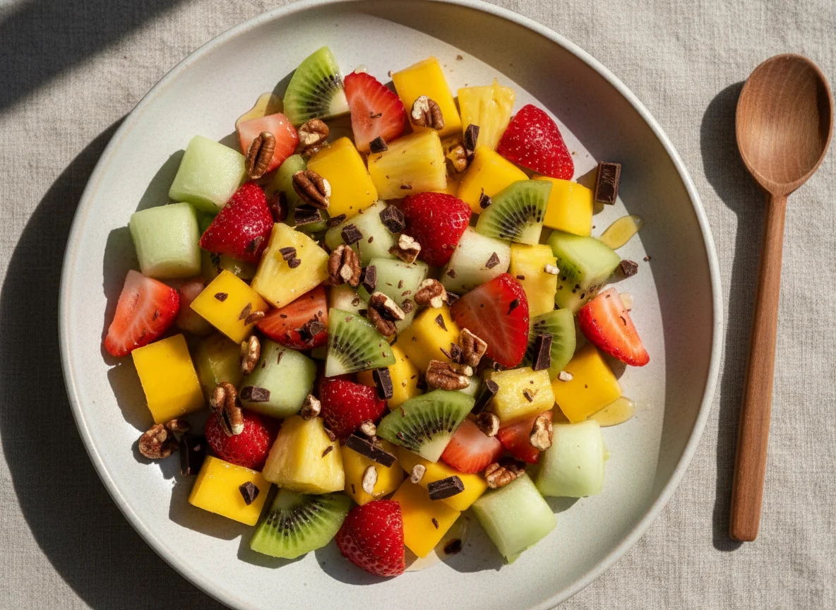 Obstsalat mit Nüssen und Schokolade photo