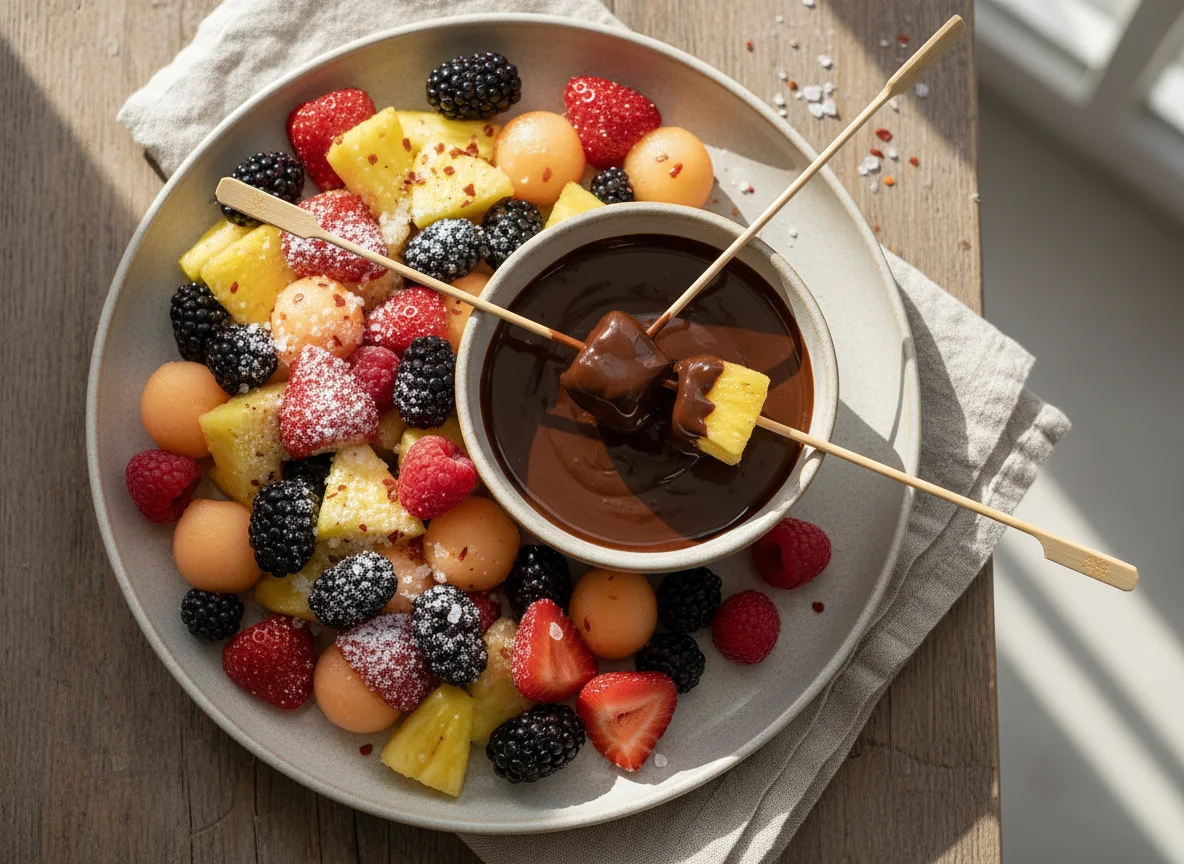 Obstsalat mit Schokoladenfondue und Gewürzen photo