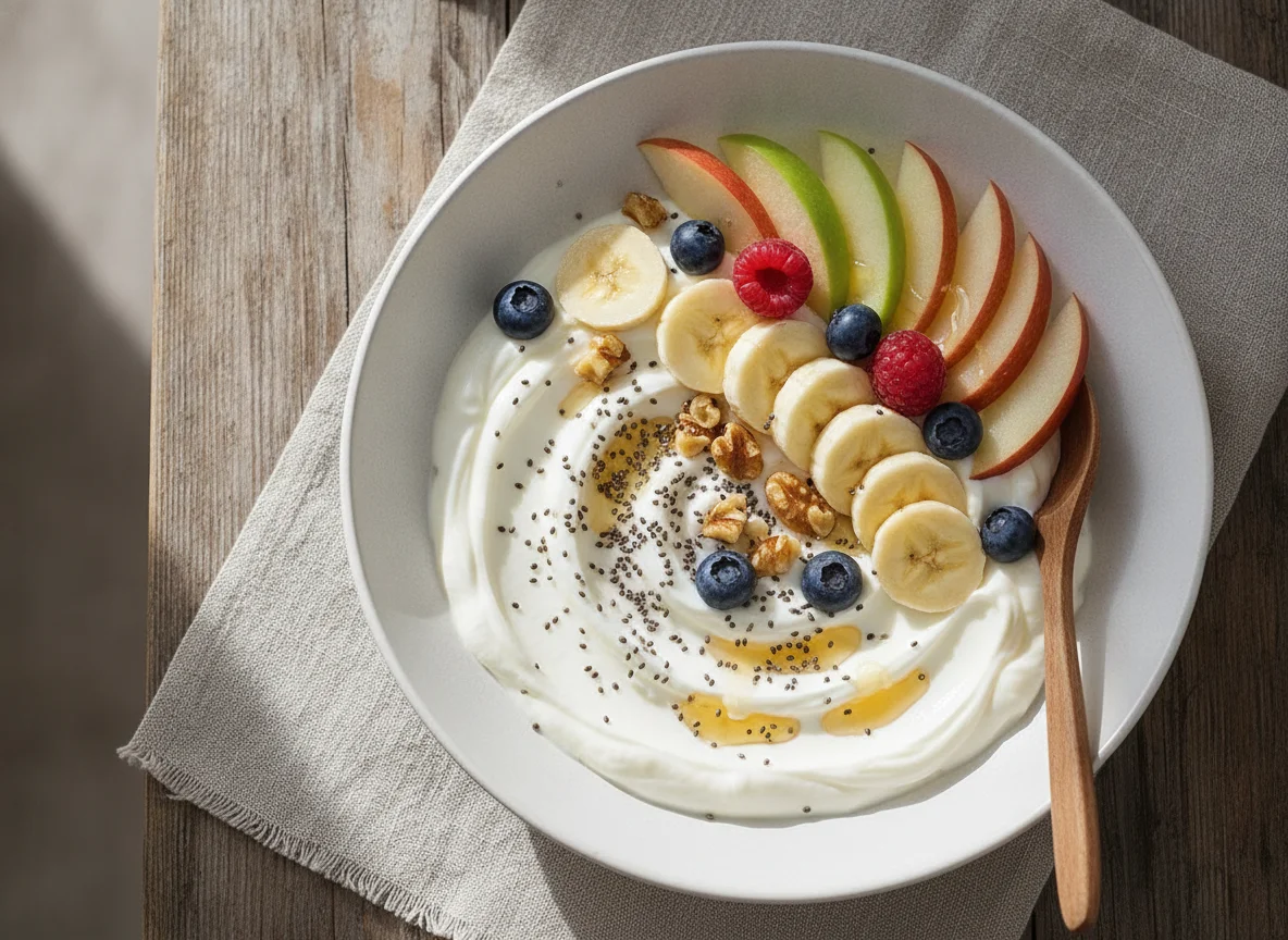 Obstschale mit Joghurt und Chiasamen photo