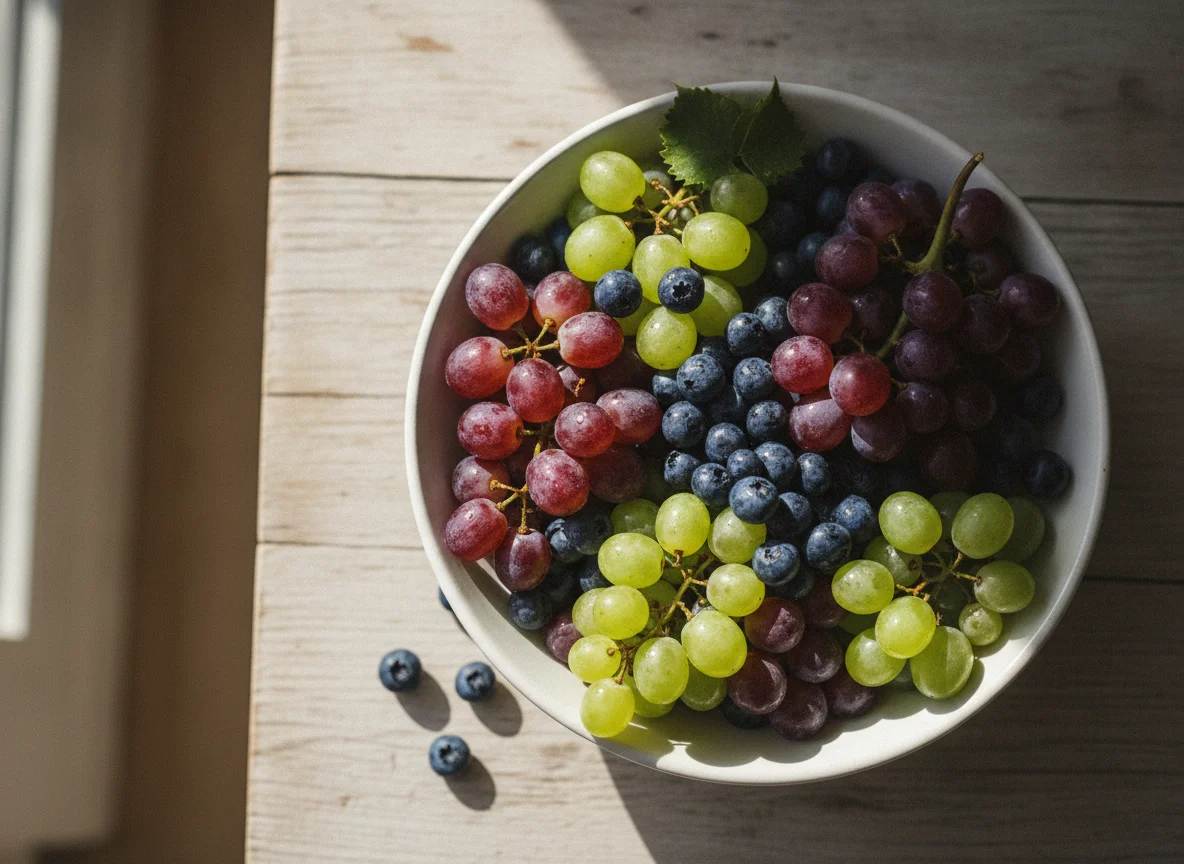 Obstschale mit Weintrauben und Heidelbeeren photo