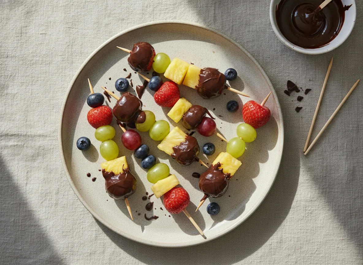 Obstspieße mit Schokolade photo