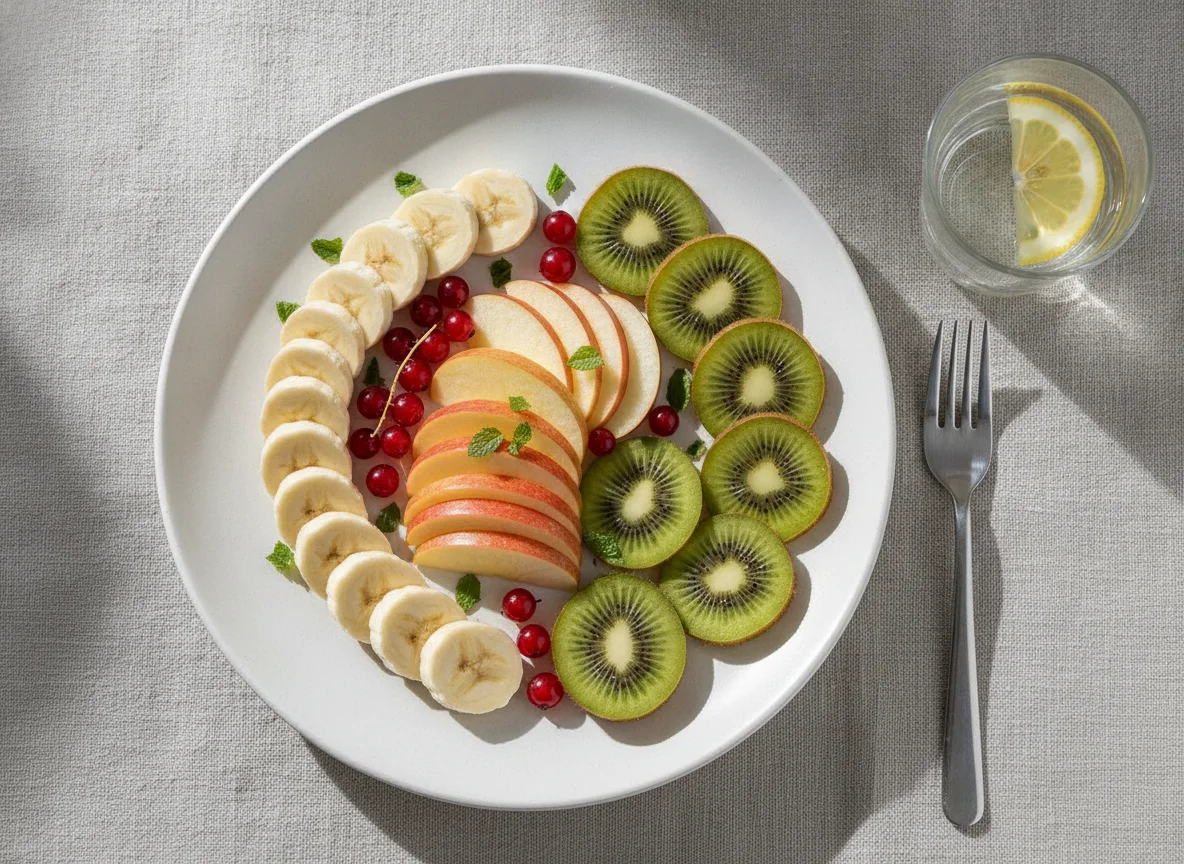 Obstteller mit Apfel, Banane und Kiwi photo
