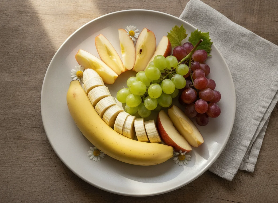 Obstteller mit Banane, Apfel und Weintrauben photo
