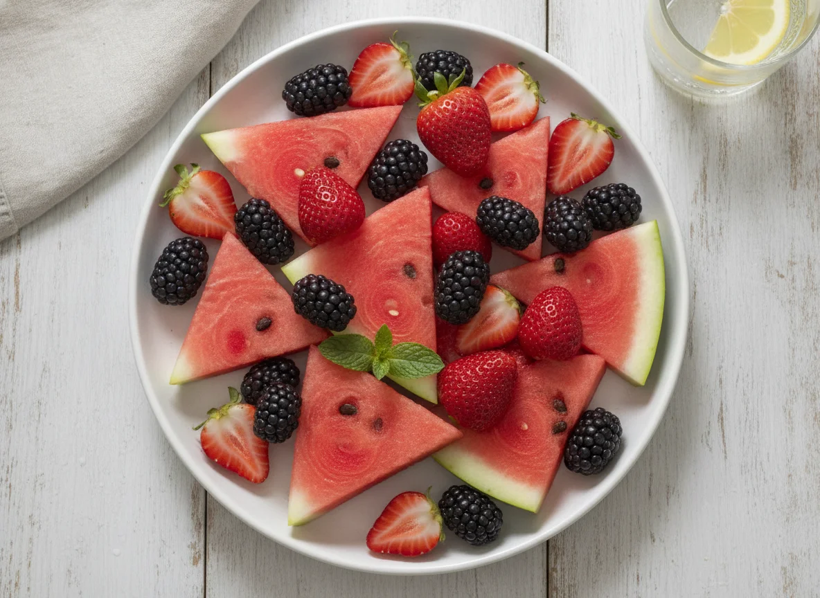 Obstteller mit Wassermelone und Beeren photo