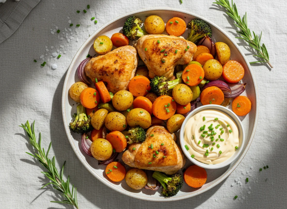 Ofengemüse mit Hähnchen und Dip photo
