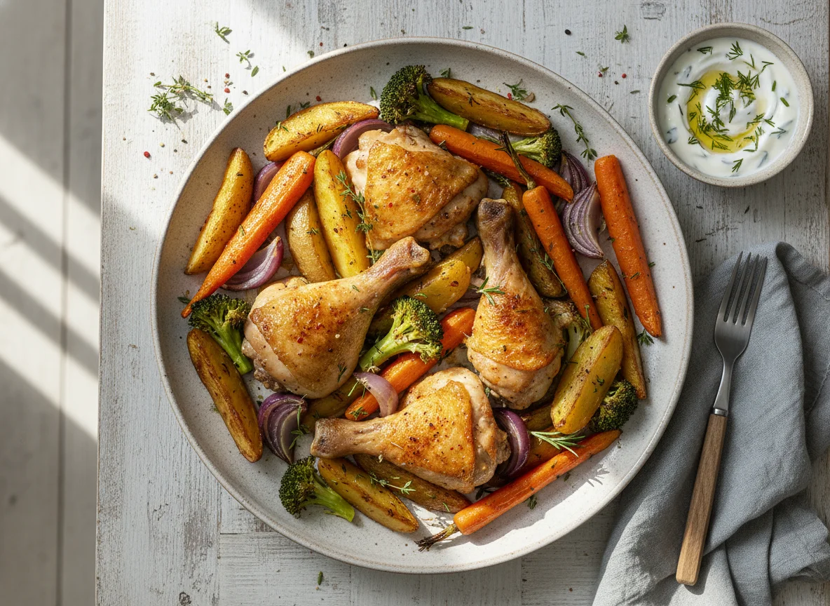 Ofengemüse mit Hähnchen und Joghurt-Dip photo