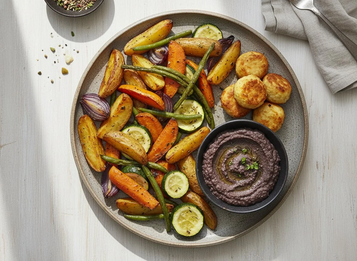 Ofengemüse mit Kartoffeln und Dip photo