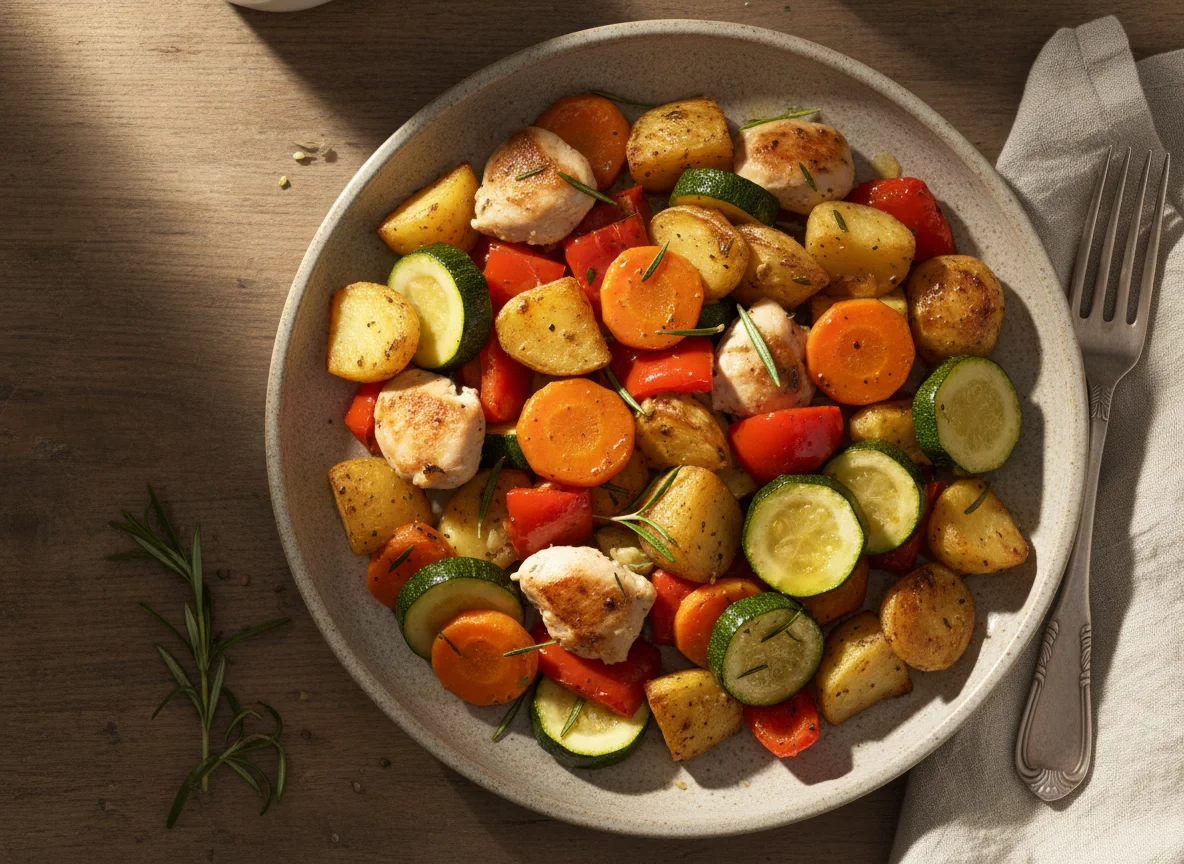 Ofengemüse mit Kartoffeln und Hähnchen photo