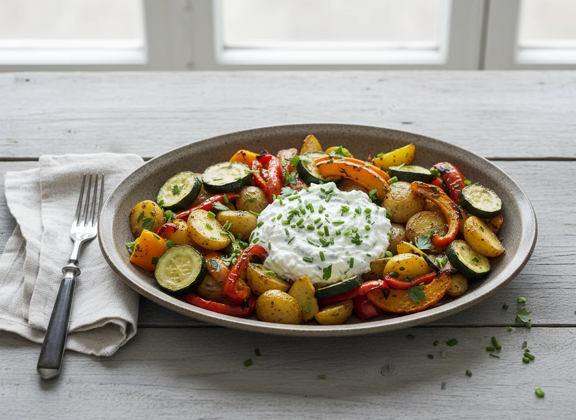 Ofengemüse mit Kartoffeln und Kräuterquark photo