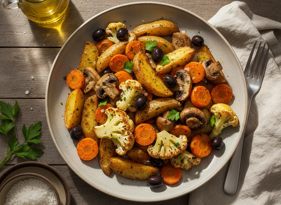 Ofengemüse mit Kartoffeln und Pilzen photo
