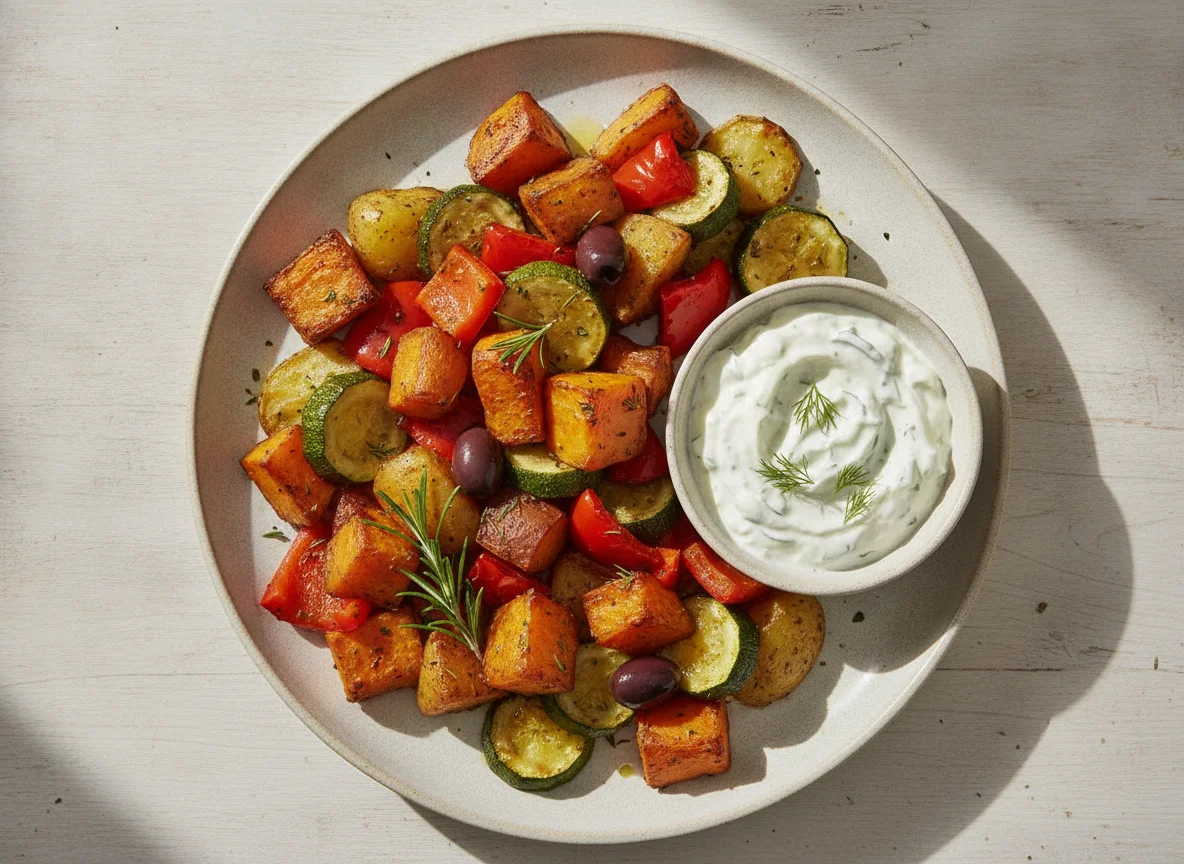 Ofengemüse mit Kartoffeln und Tzatziki photo