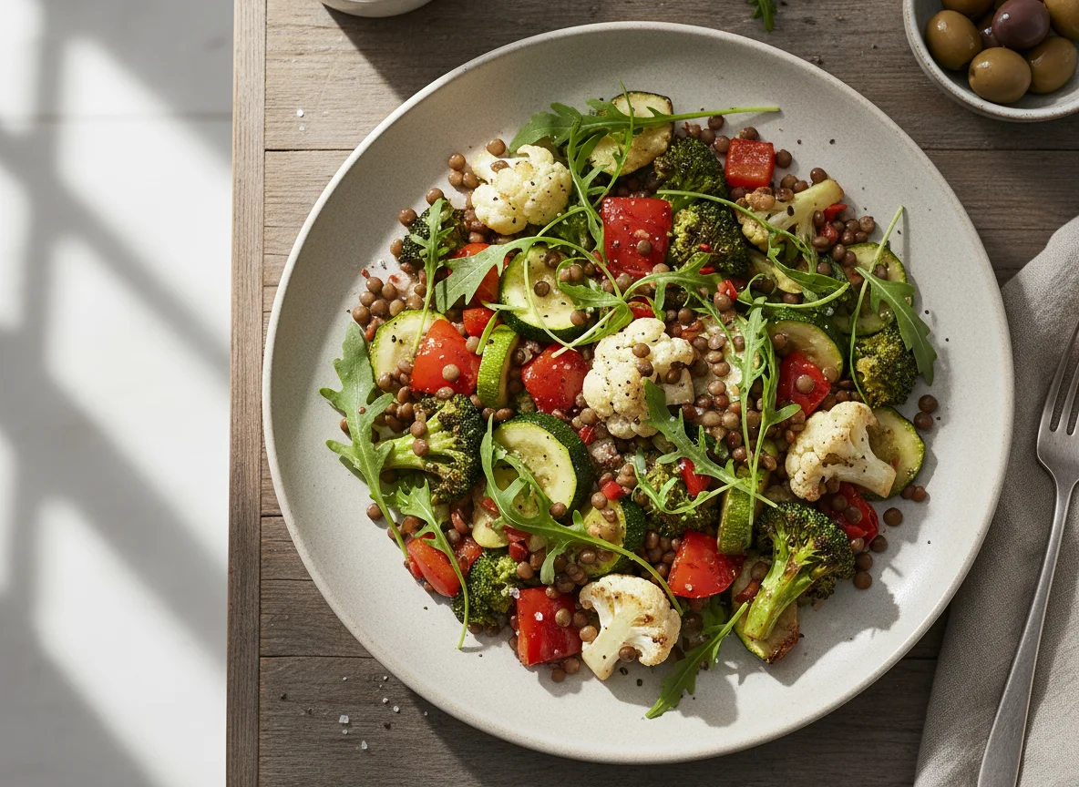 Ofengemüse mit Linsen und Rucola photo