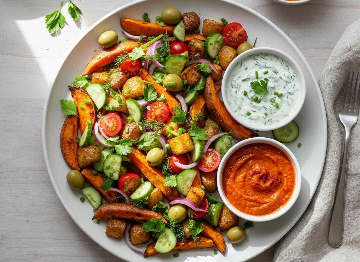 Ofengemüse mit Salat und Dips photo