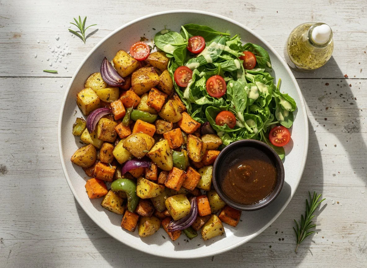 Ofengemüse mit Salat und Sauce photo