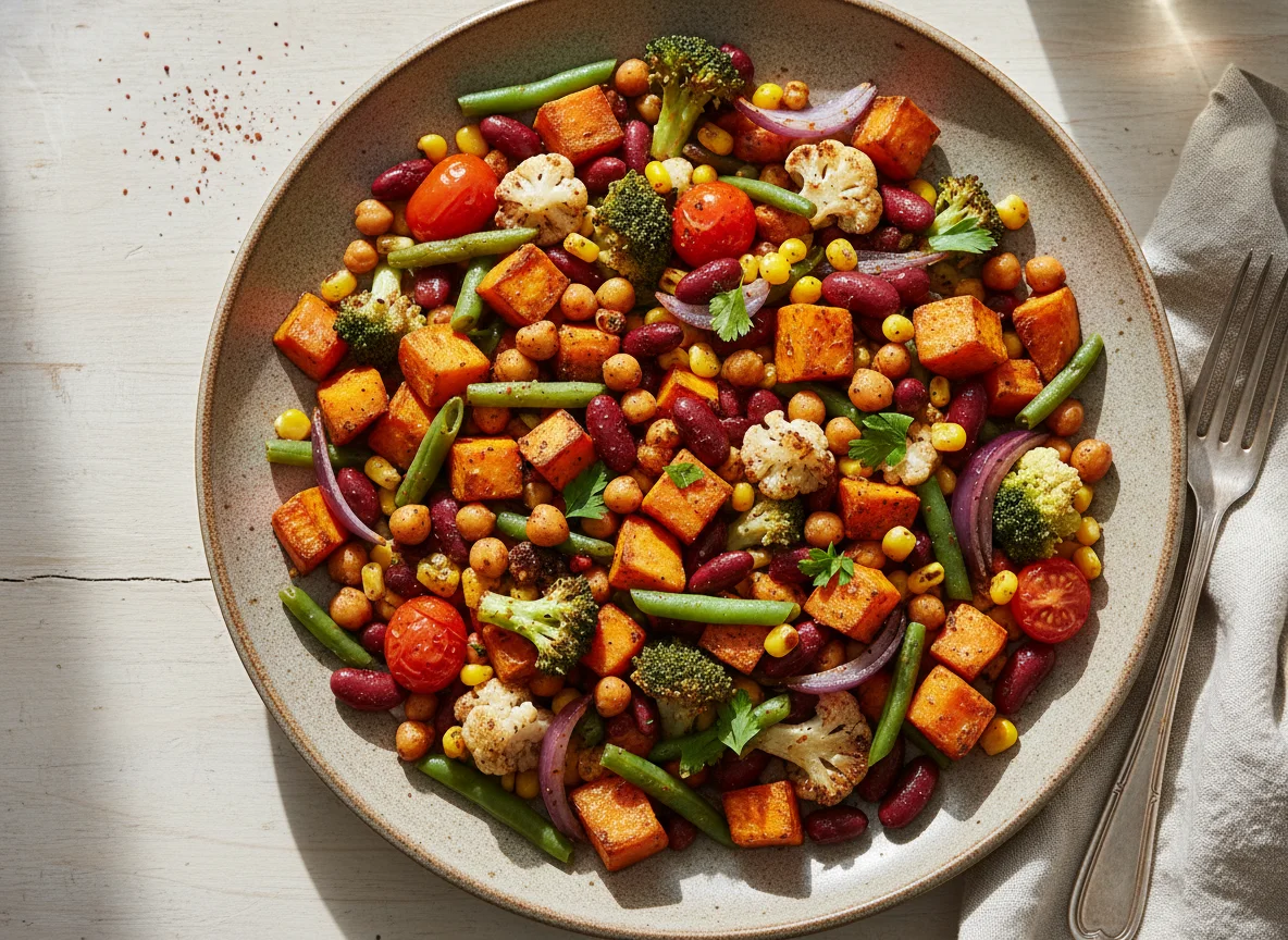 Ofengemüse mit Süßkartoffeln und Hülsenfrüchten photo
