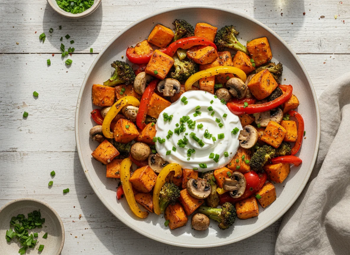 Ofengemüse mit Süßkartoffeln und Joghurt-Dip photo