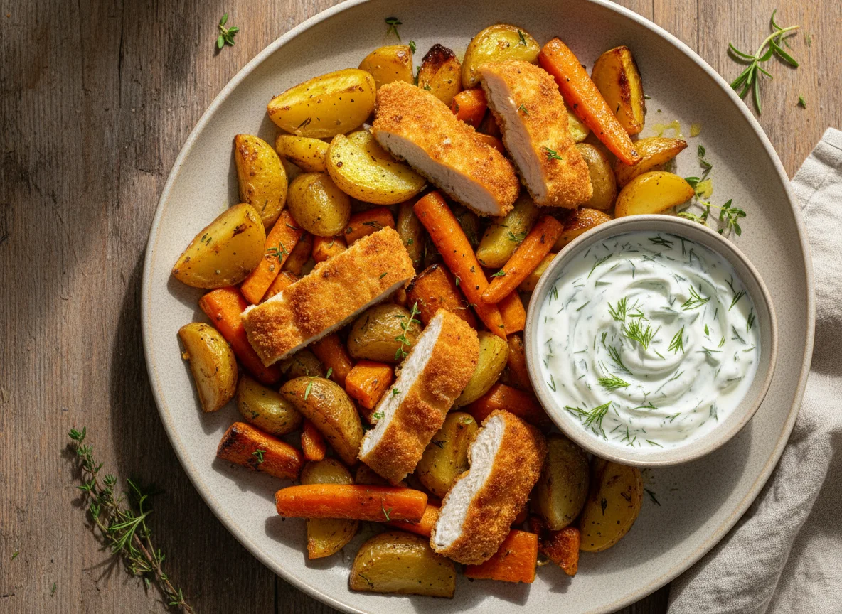 Ofengemüse mit Tzatziki und Hähnchen photo
