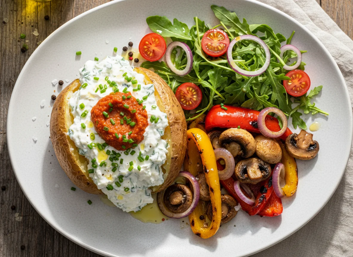 Ofenkartoffel mit Grillgemüse und Salat photo