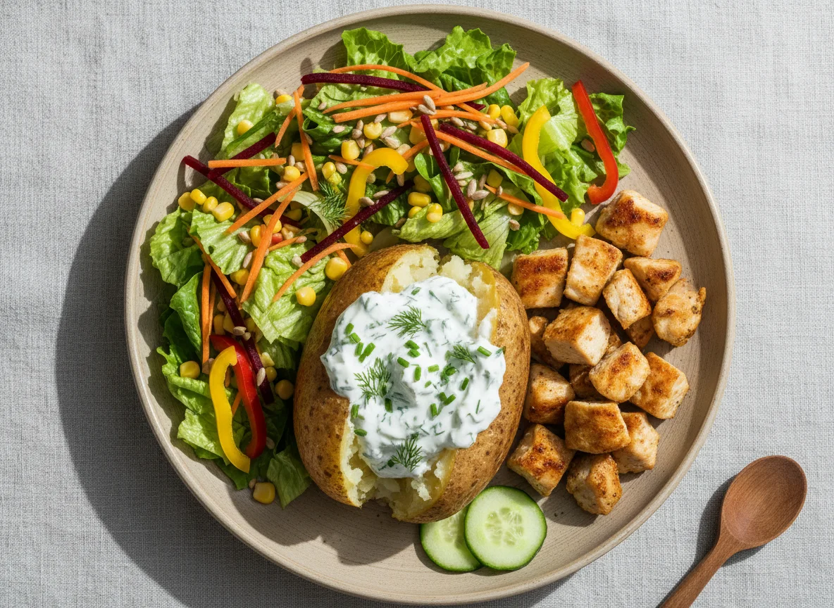 Ofenkartoffel mit Hähnchen und Salat photo