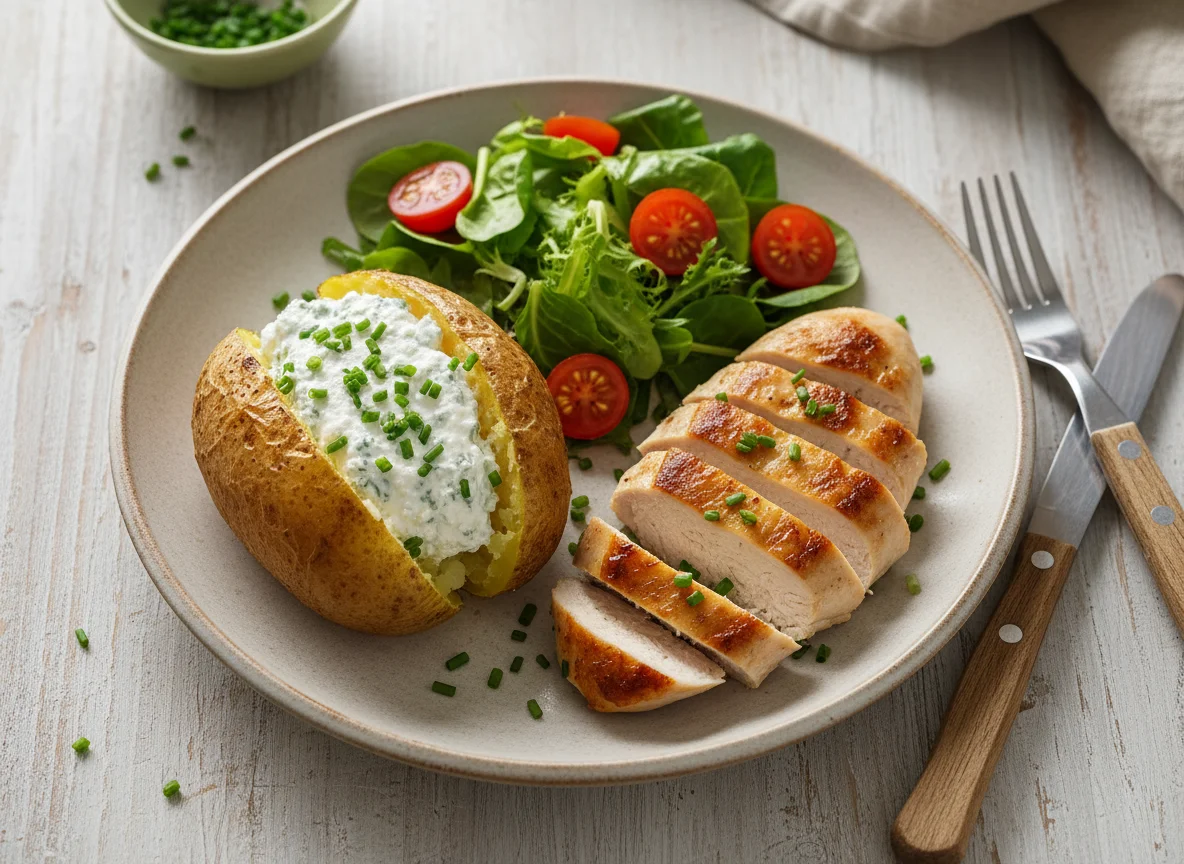 Ofenkartoffel mit Hähnchenbrust und Salat photo