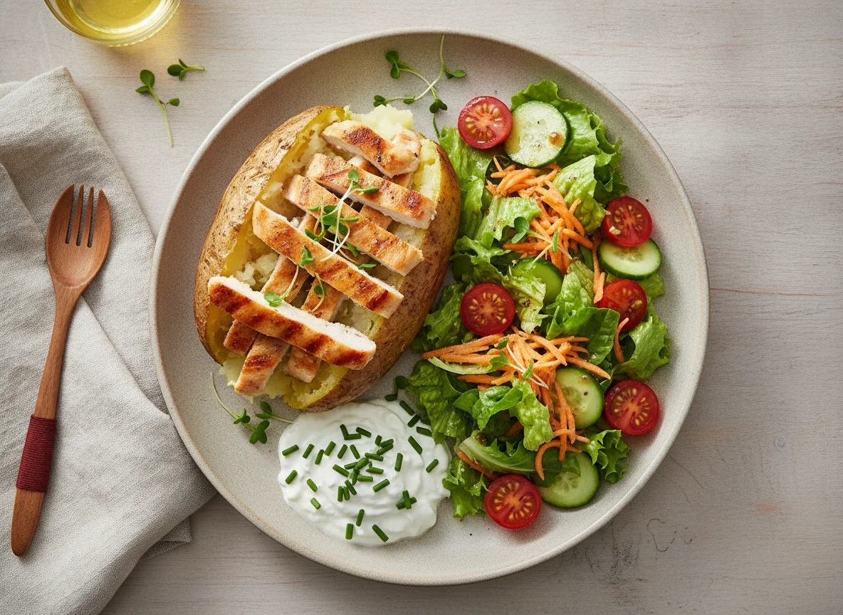 Ofenkartoffel mit Hähnchenbruststreifen und Beilagensalat photo