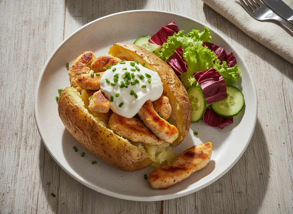 Ofenkartoffel mit Hänchen Streifen und Sour Creme photo