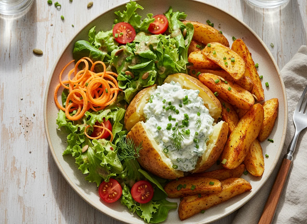 Ofenkartoffel mit Kräuterquark, Kartoffelspalten und Salat photo